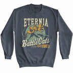 Gray sweatshirt with 'Eternia Battle Cats' graphic design on a white background