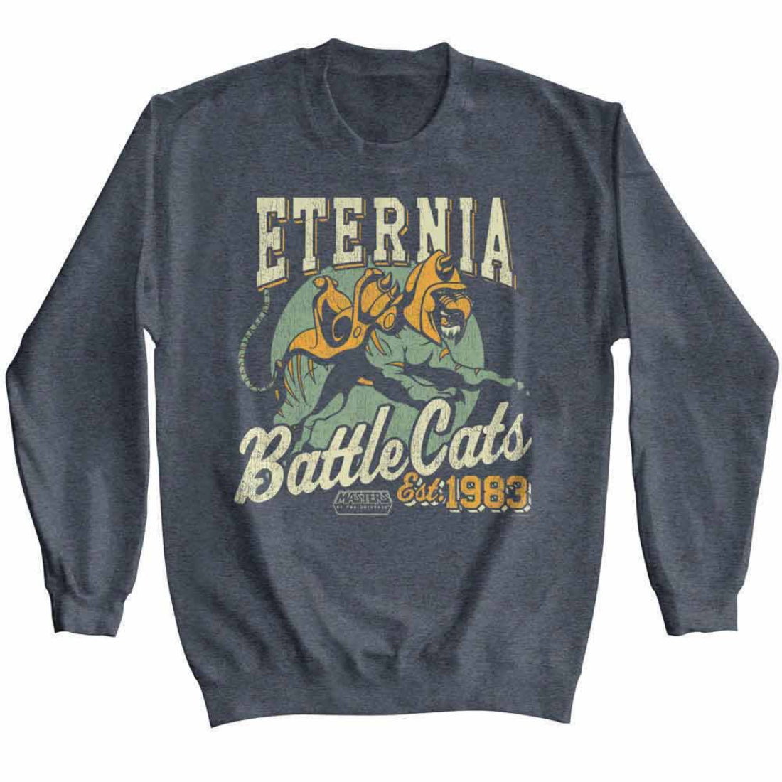 Gray sweatshirt with 'Eternia Battle Cats' graphic design on a white background