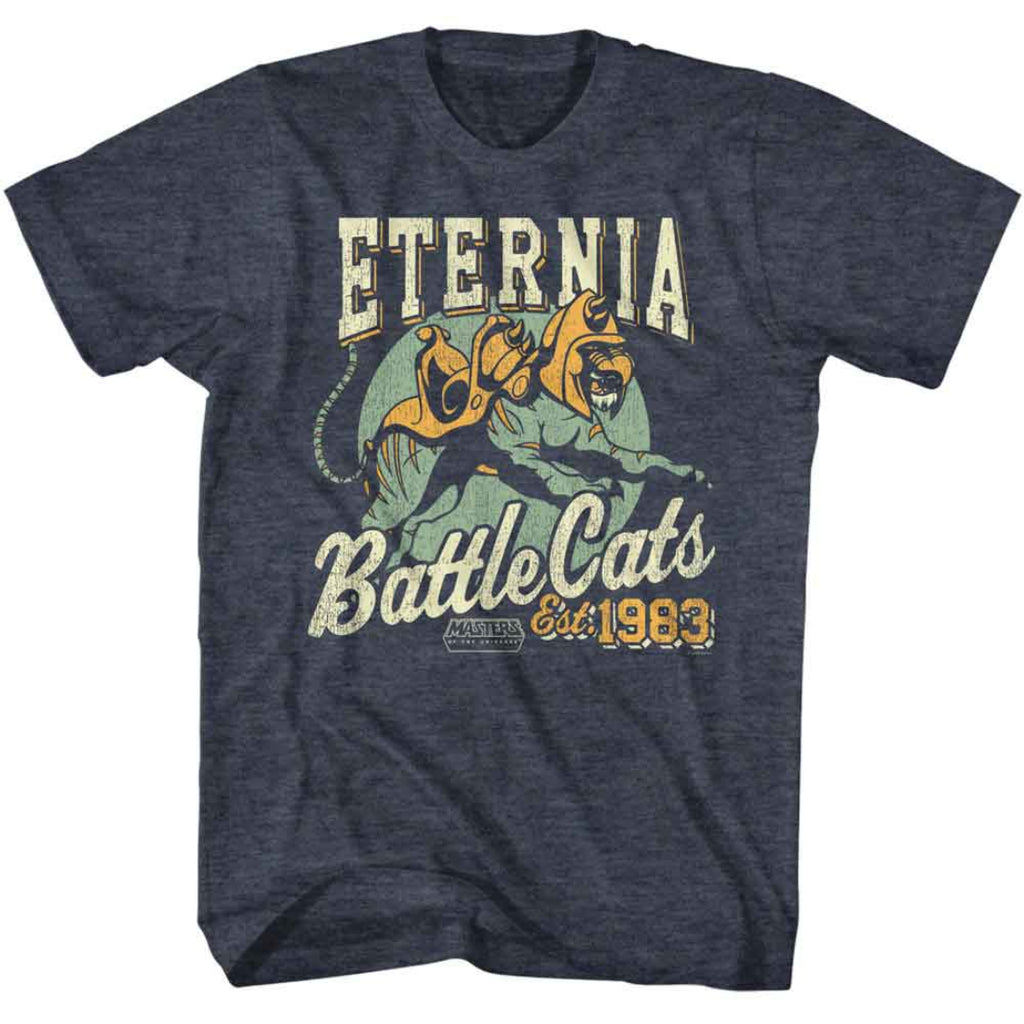Navy blue t-shirt with 'Eternia Battle Cats' graphic design on a white background