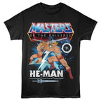 Black t-shirt with 'Masters of the Universe' and 'He-Man' graphic design.