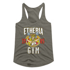 Gray womens tank top with 'Etheria Gym' graphic design on a white background