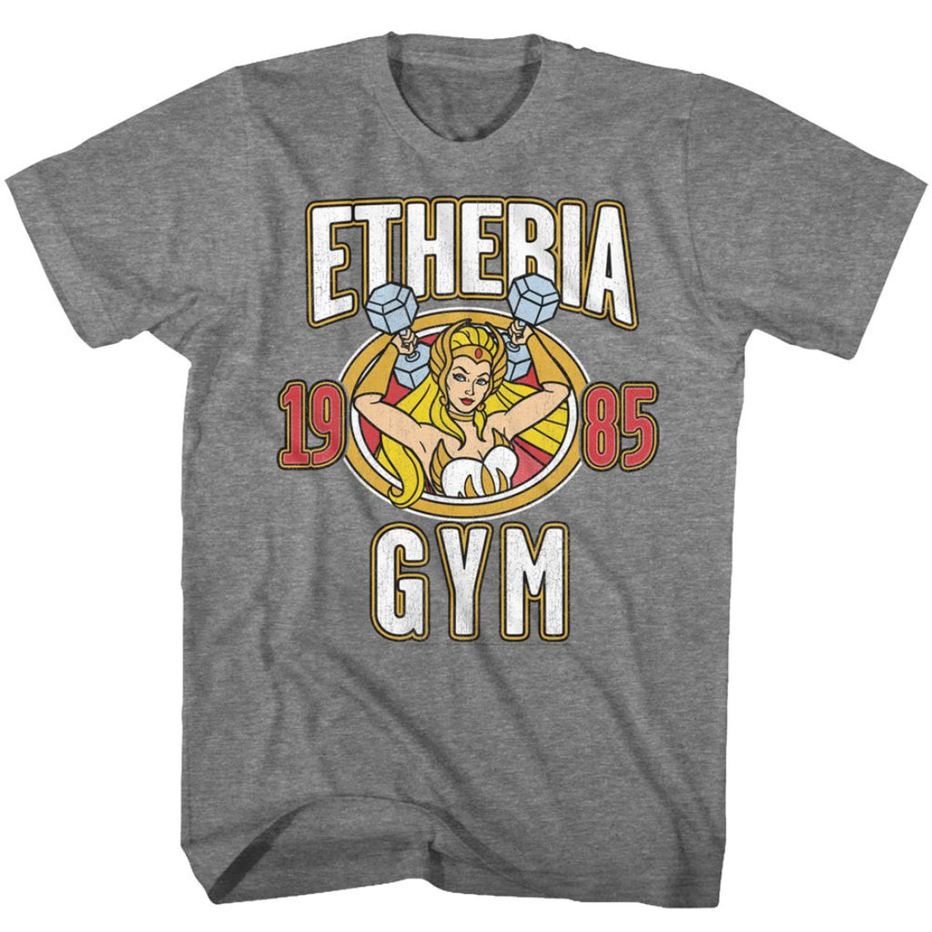 Gray t-shirt with 'Etheria Gym 1985' graphic design featuring She-Ra