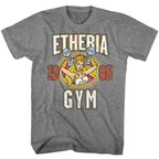 Gray t-shirt with 'Etheria Gym 1985' graphic design featuring She-Ra