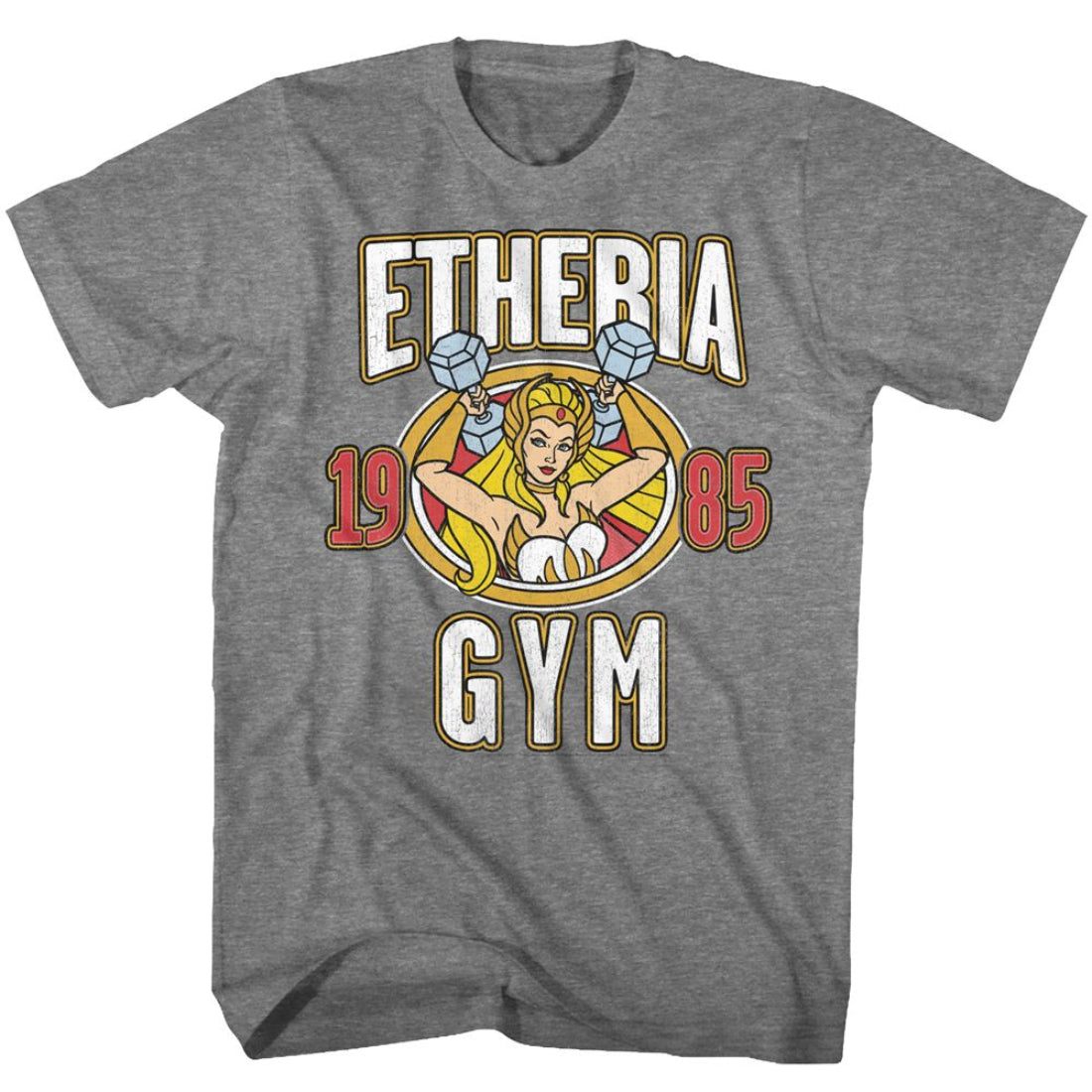 Gray t-shirt with 'Etheria Gym 1985' graphic design featuring She-Ra