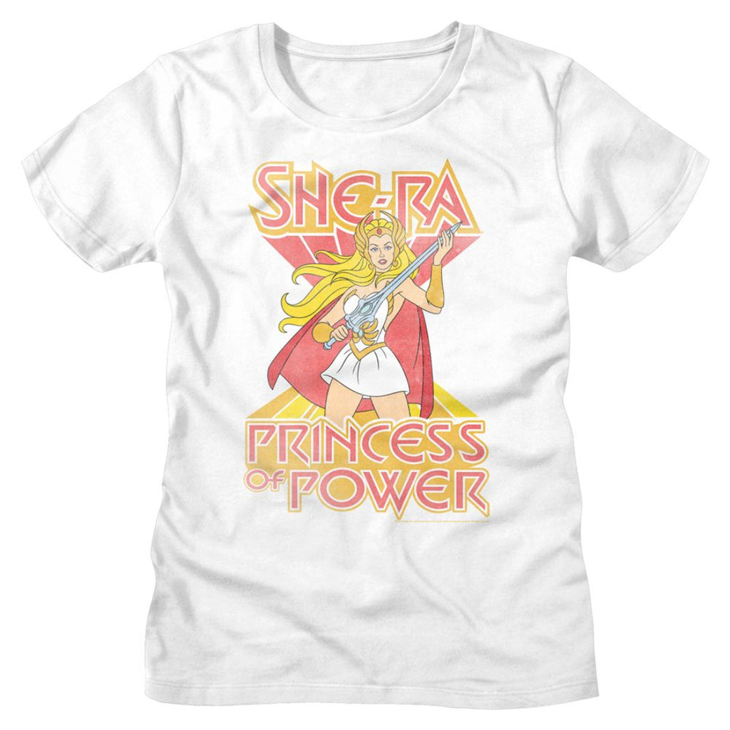 White t-shirt with She-Ra graphic and 'Princess of Power' text on a white background
