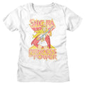White t-shirt with She-Ra graphic and 'Princess of Power' text on a white background