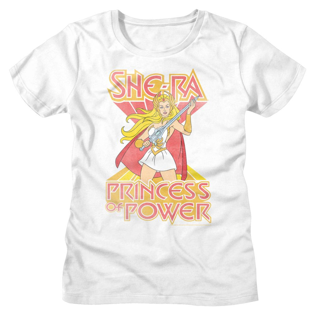 White t-shirt with She-Ra graphic and 'Princess of Power' text on a white background