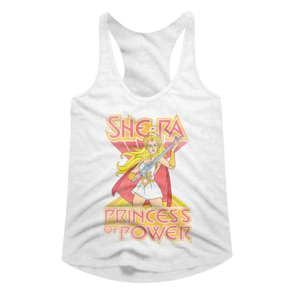 White womens tank top with She-Ra illustration and 'Princess of Power' text on a white background
