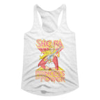 White womens tank top with She-Ra illustration and 'Princess of Power' text on a white background