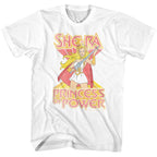White t-shirt with She-Ra graphic and 'Princess of Power' text on a white background