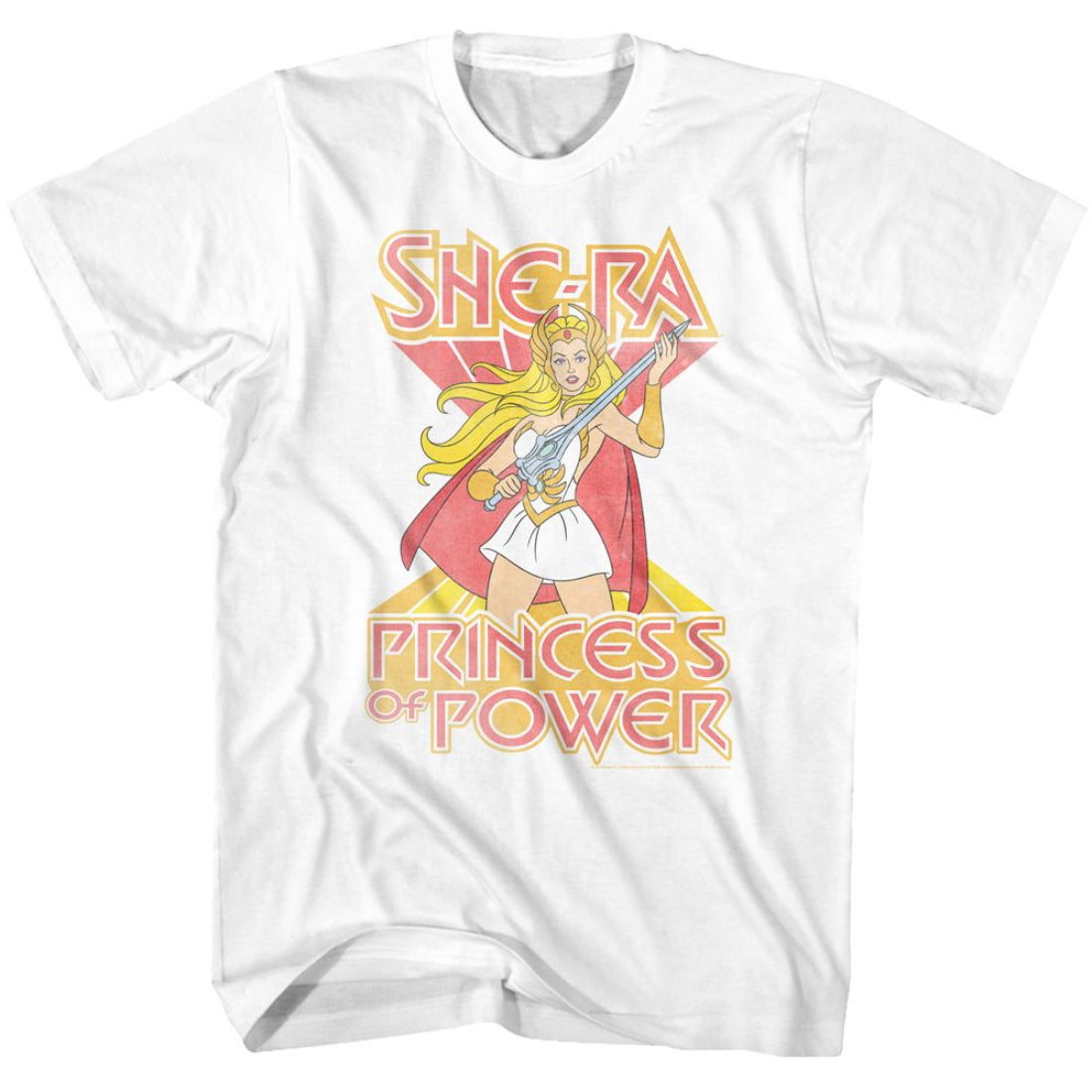 White t-shirt with She-Ra graphic and 'Princess of Power' text on a white background