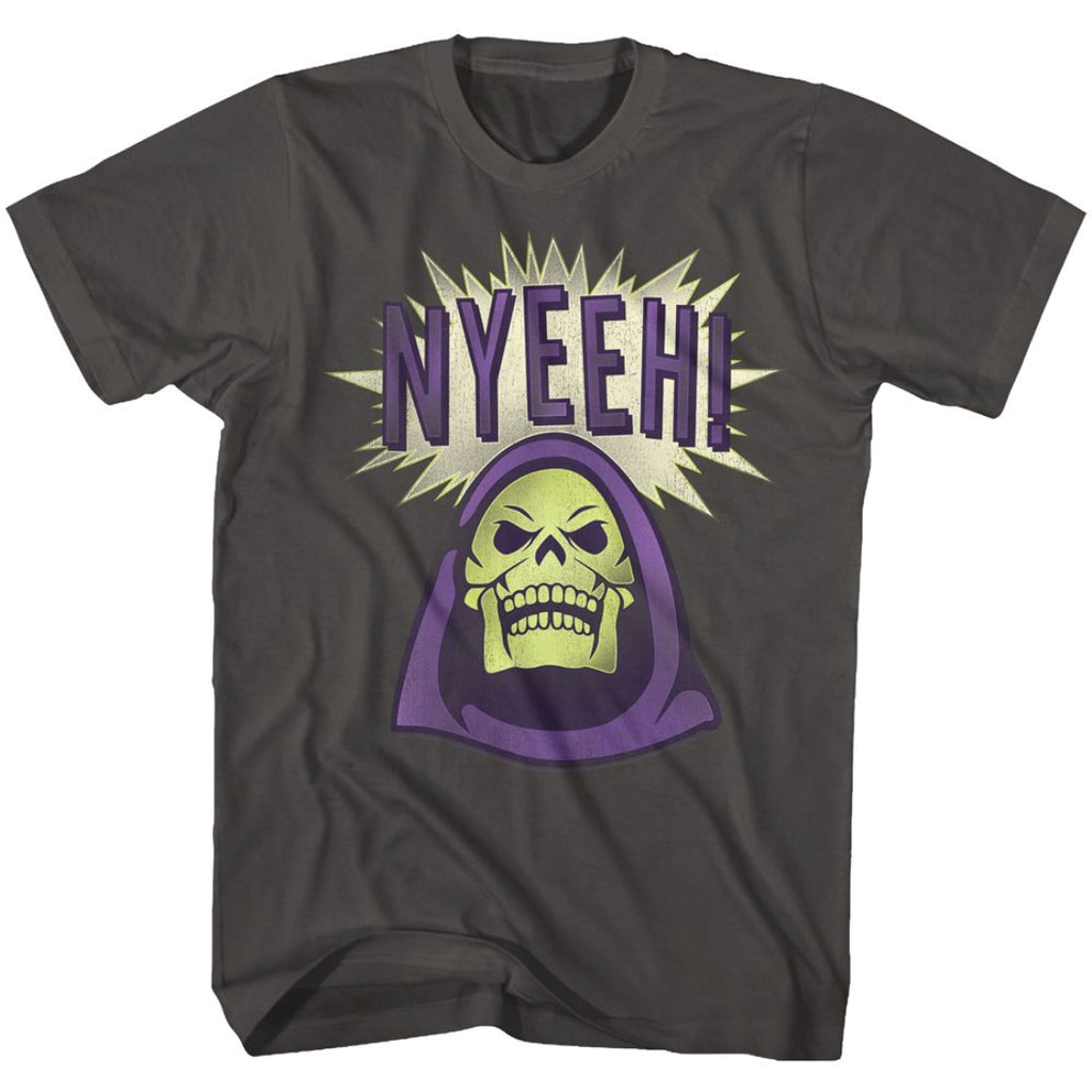 Gray masters of the universe t-shirt with a skull graphic and 'NYEEHEH!' text on a white background