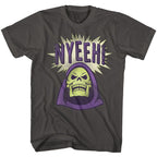 Gray masters of the universe t-shirt with a skull graphic and 'NYEEHEH!' text on a white background