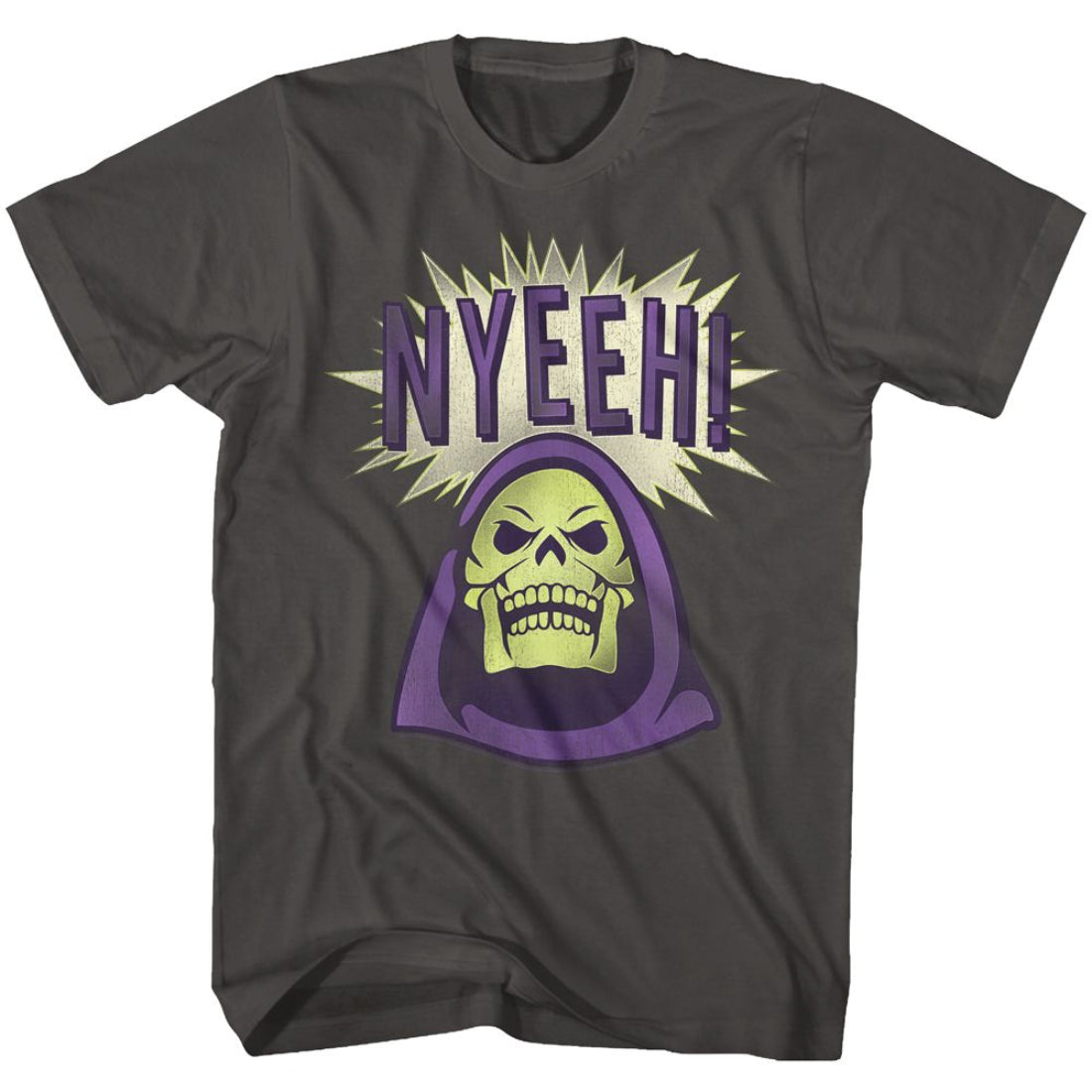 Gray masters of the universe t-shirt with a skull graphic and 'NYEEHEH!' text on a white background