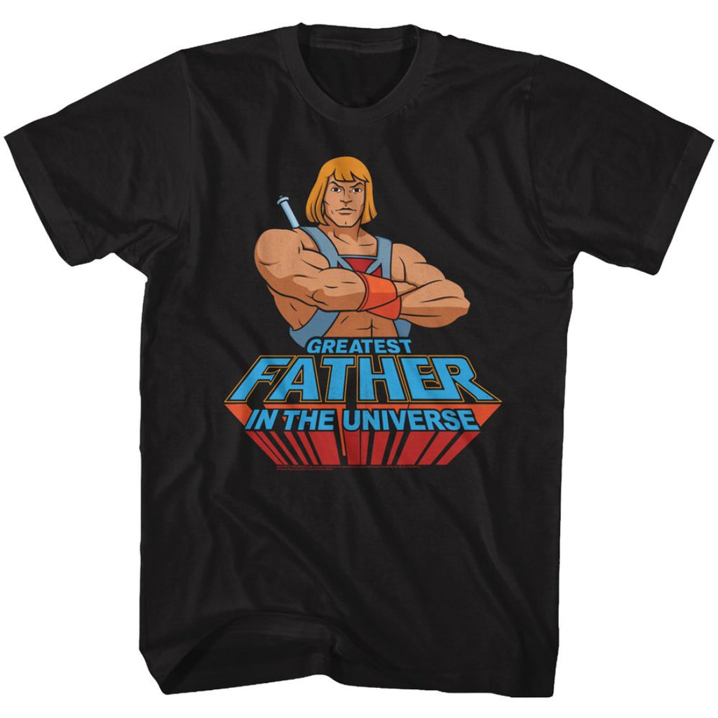 Black masters of the universe t-shirt with a graphic of a muscular character and text 'Greatest Father in the Universe' on a white background.