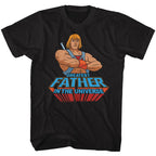 Black masters of the universe t-shirt with a graphic of a muscular character and text 'Greatest Father in the Universe' on a white background.