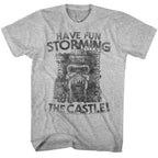 Gray masters of the universe t-shirt with a graphic design and text 'Have fun storming the castle!' on a white background