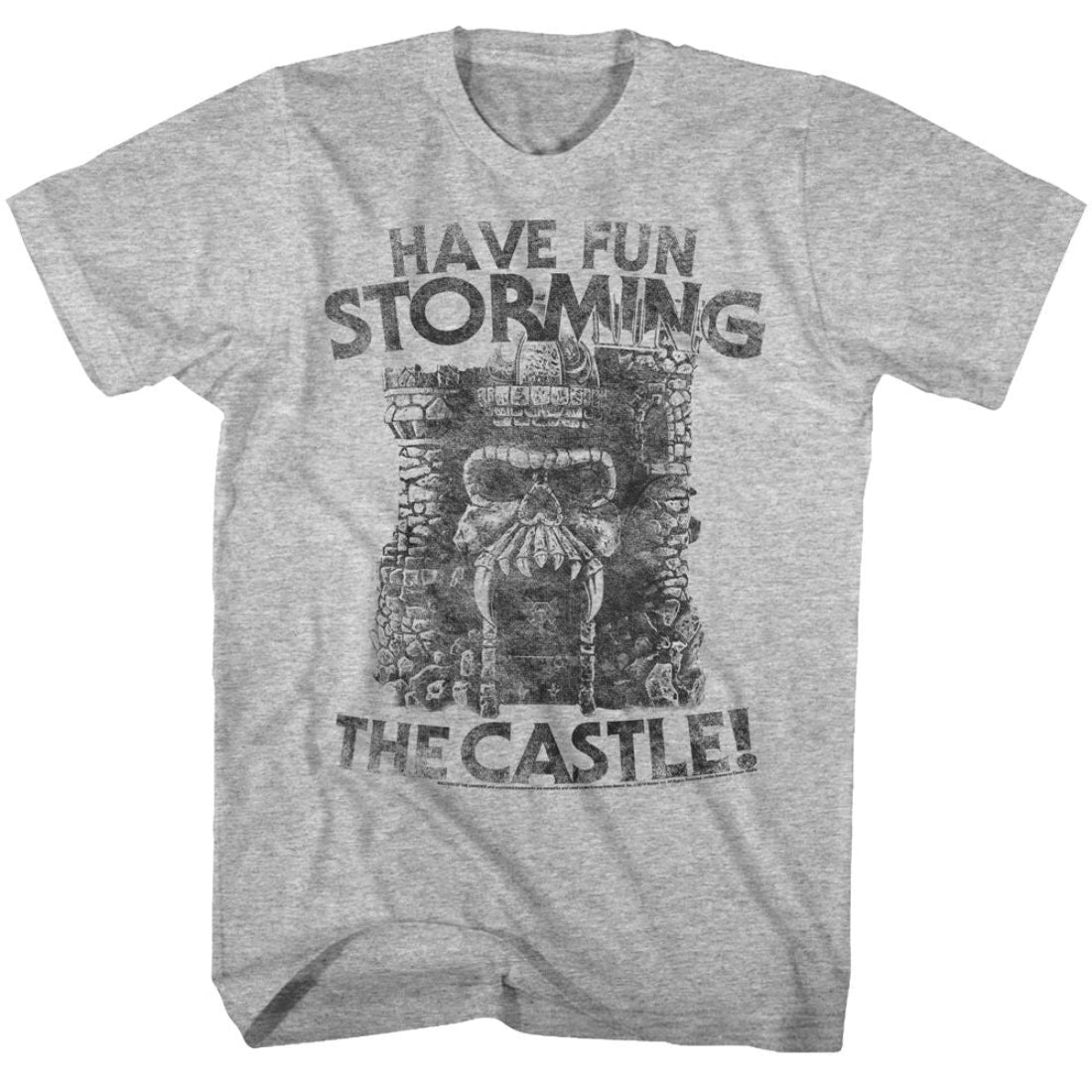 Gray masters of the universe t-shirt with a graphic design and text 'Have fun storming the castle!' on a white background