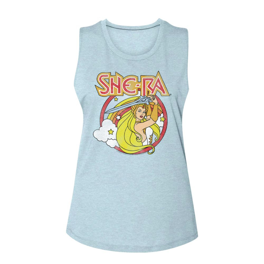 Light blue womens tank top with She-Ra graphic design on a white background