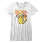 White womens t-shirt with She-Ra graphic design on a white background