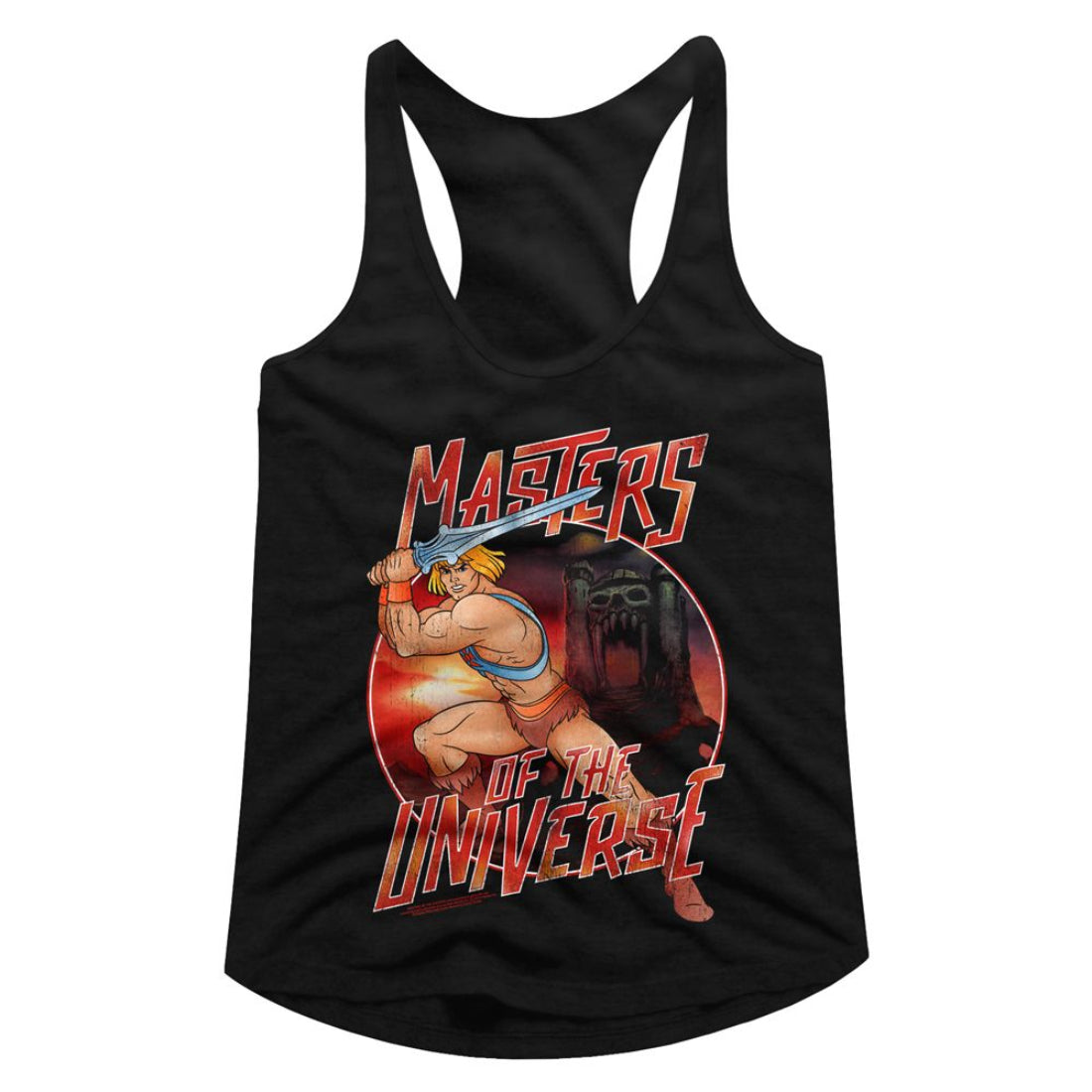 Black womens tank top with 'Masters of the Universe' graphic design on a white background