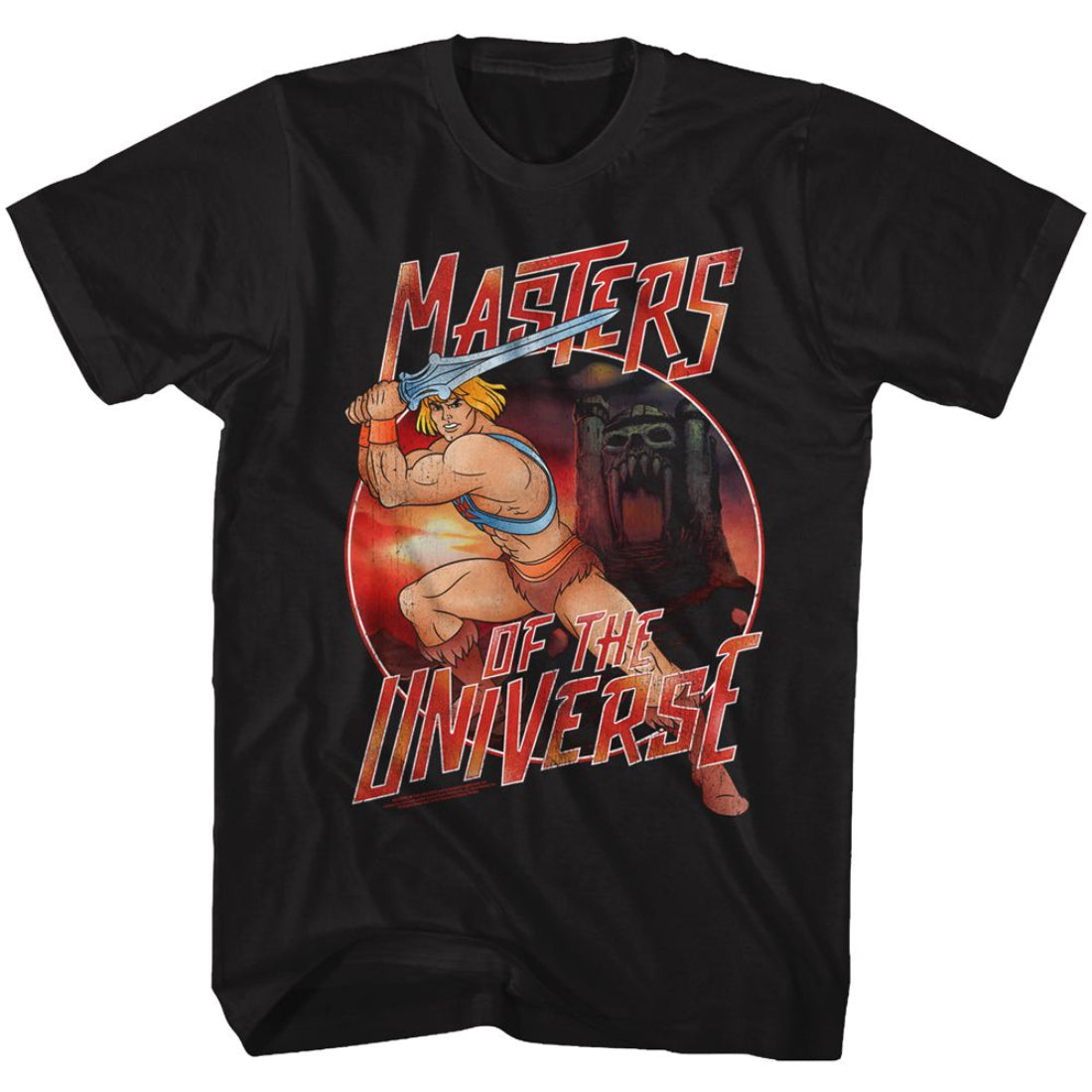 Black t-shirt with 'Masters of the Universe' graphic design featuring a character holding a sword.