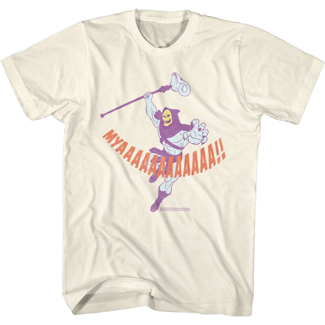 Masters of the Universe T-shirt with Skeletor and 'MYYYYYYYYYYYYY!' text on a beige background