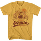 Yellow t-shirt with a graphic design and text 'Visit Exciting Eternia' on a white background