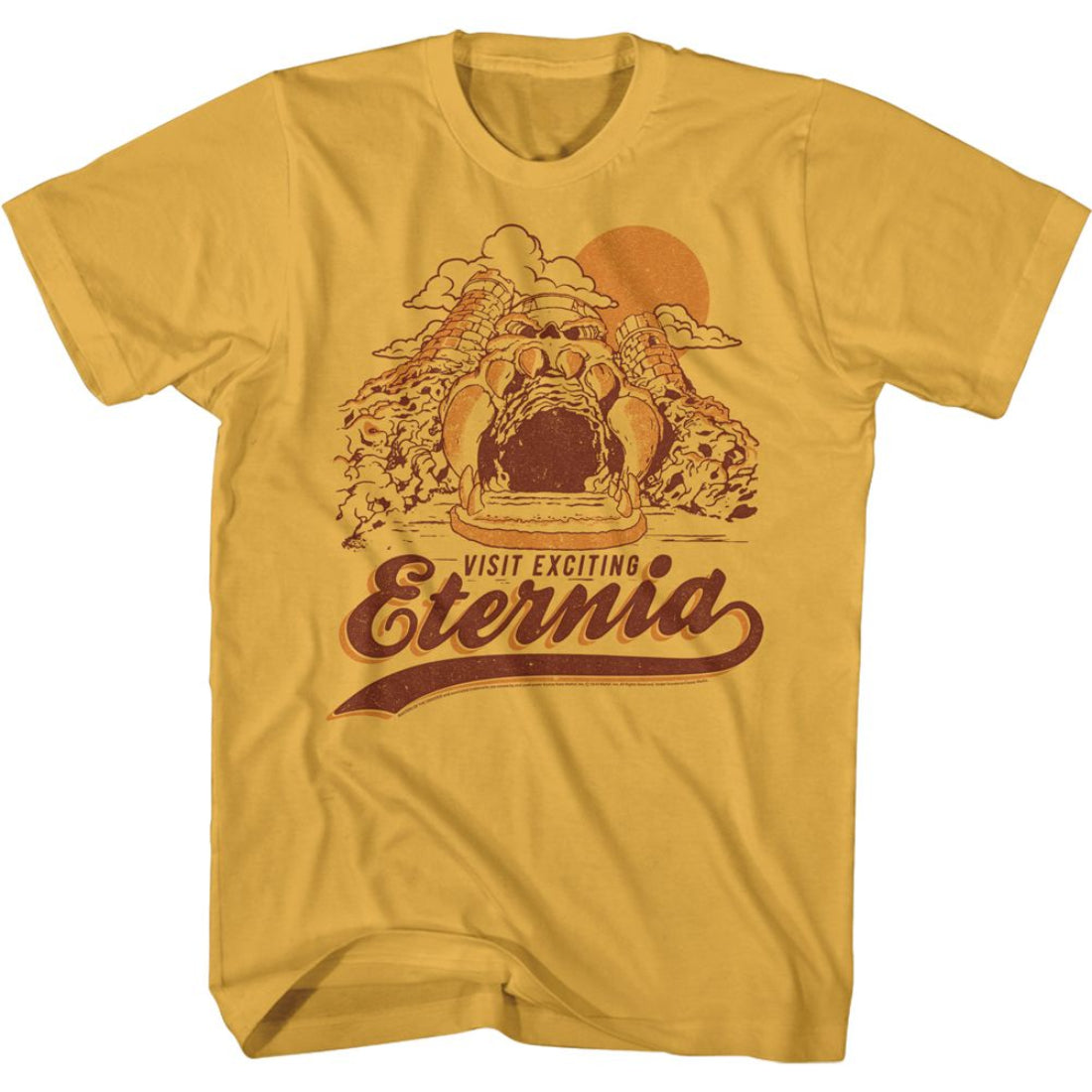 Yellow t-shirt with a graphic design and text 'Visit Exciting Eternia' on a white background