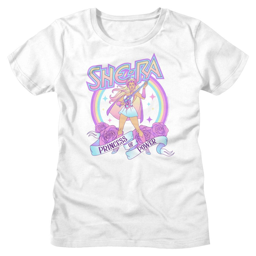 White womens t-shirt with She-Ra graphic design featuring a rainbow and text on a white background
