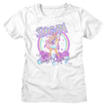 White womens t-shirt with She-Ra graphic design featuring a rainbow and text on a white background