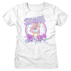 White womens t-shirt with She-Ra graphic design featuring a rainbow and text on a white background