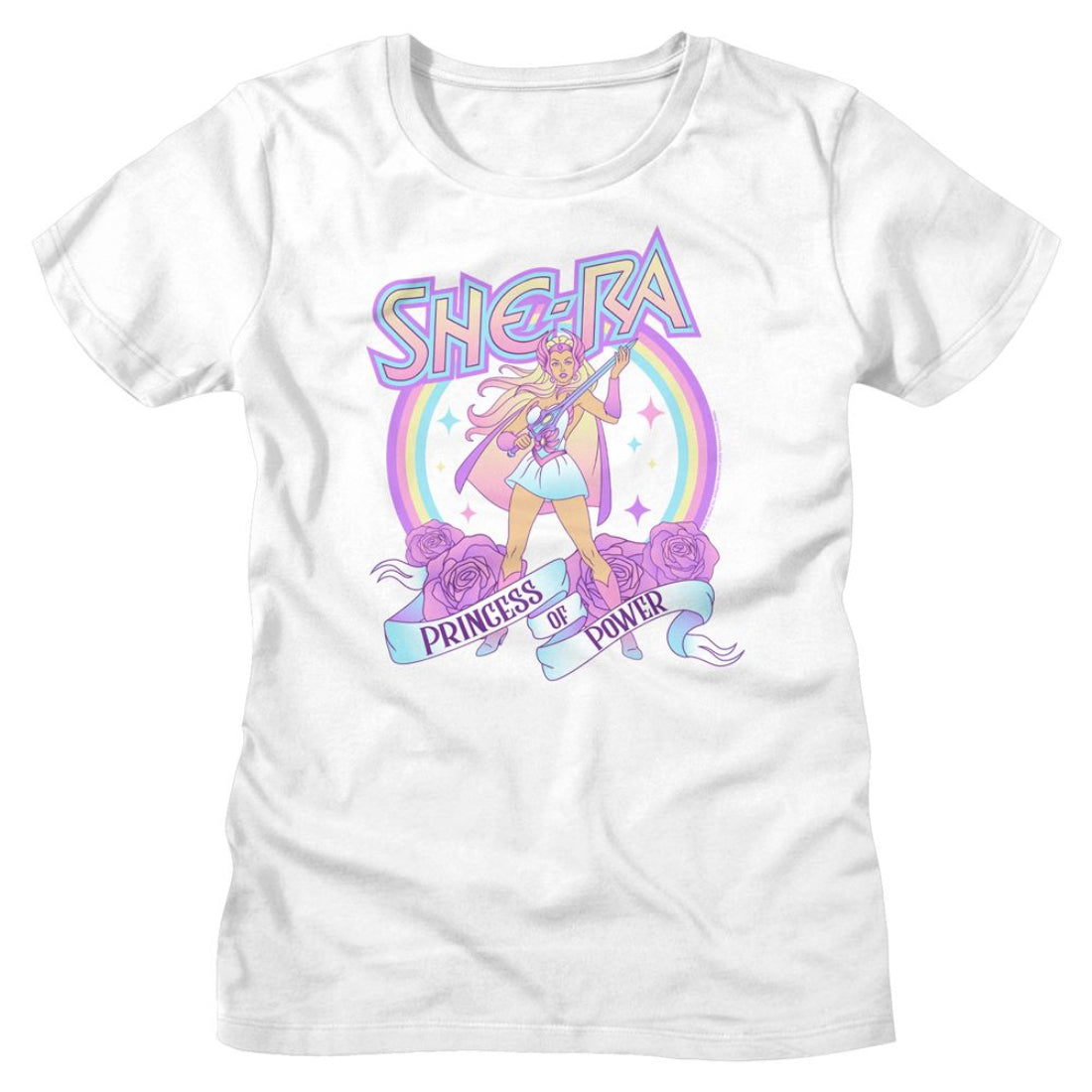 White womens t-shirt with She-Ra graphic design featuring a rainbow and text on a white background