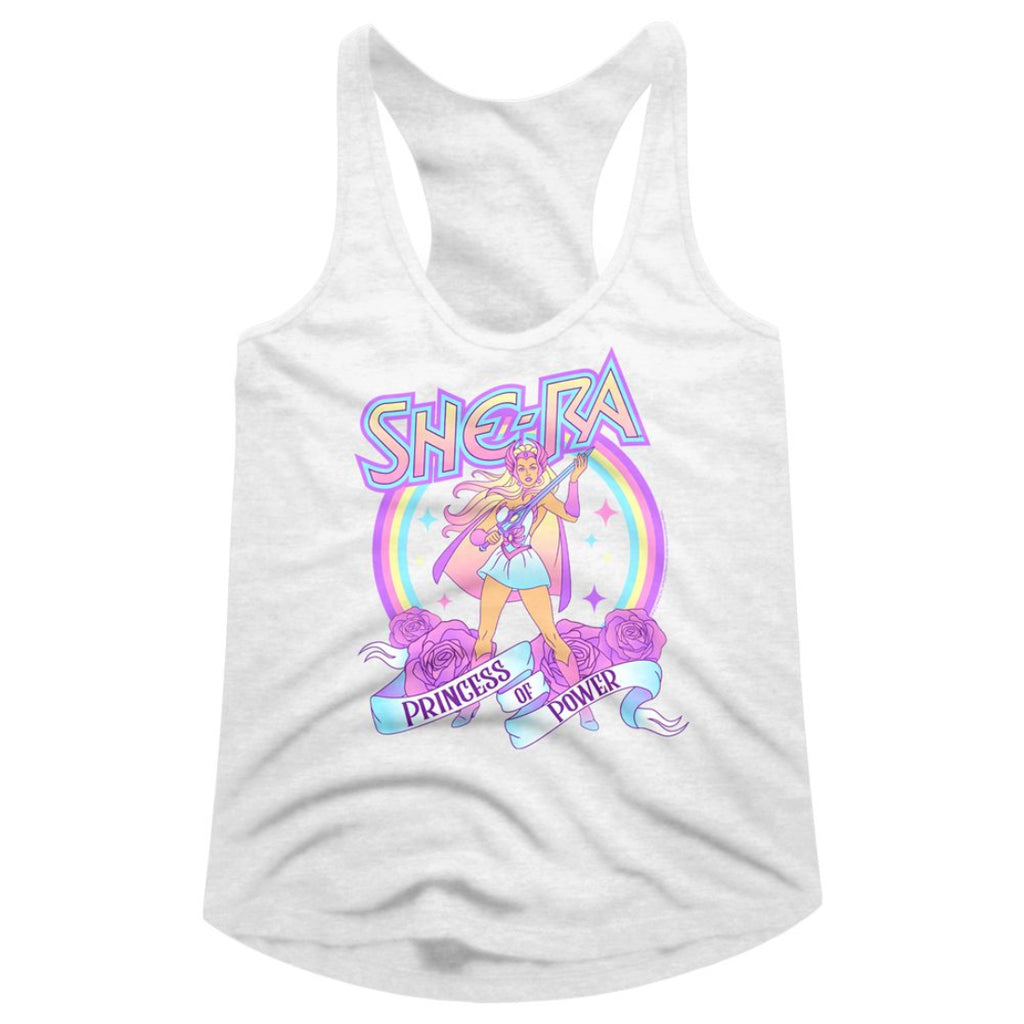 White juniors tank top with She-Ra graphic design featuring a rainbow and roses on a white background.