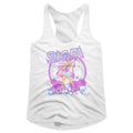 White juniors tank top with She-Ra graphic design featuring a rainbow and roses on a white background.