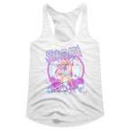 White juniors tank top with She-Ra graphic design featuring a rainbow and roses on a white background.