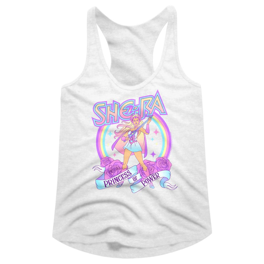 White juniors tank top with She-Ra graphic design featuring a rainbow and roses on a white background.
