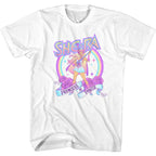 White t-shirt with She-Ra graphic design featuring a rainbow and roses on a white background