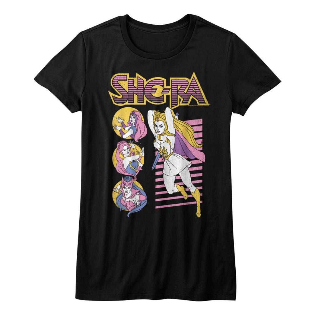 Black womens t-shirt with 'She-Ra' graphic design featuring a superheroine and three princesses on a white background.