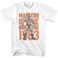 White t-shirt with 'Masters of the Universe' graphic design featuring a character holding a sword.
