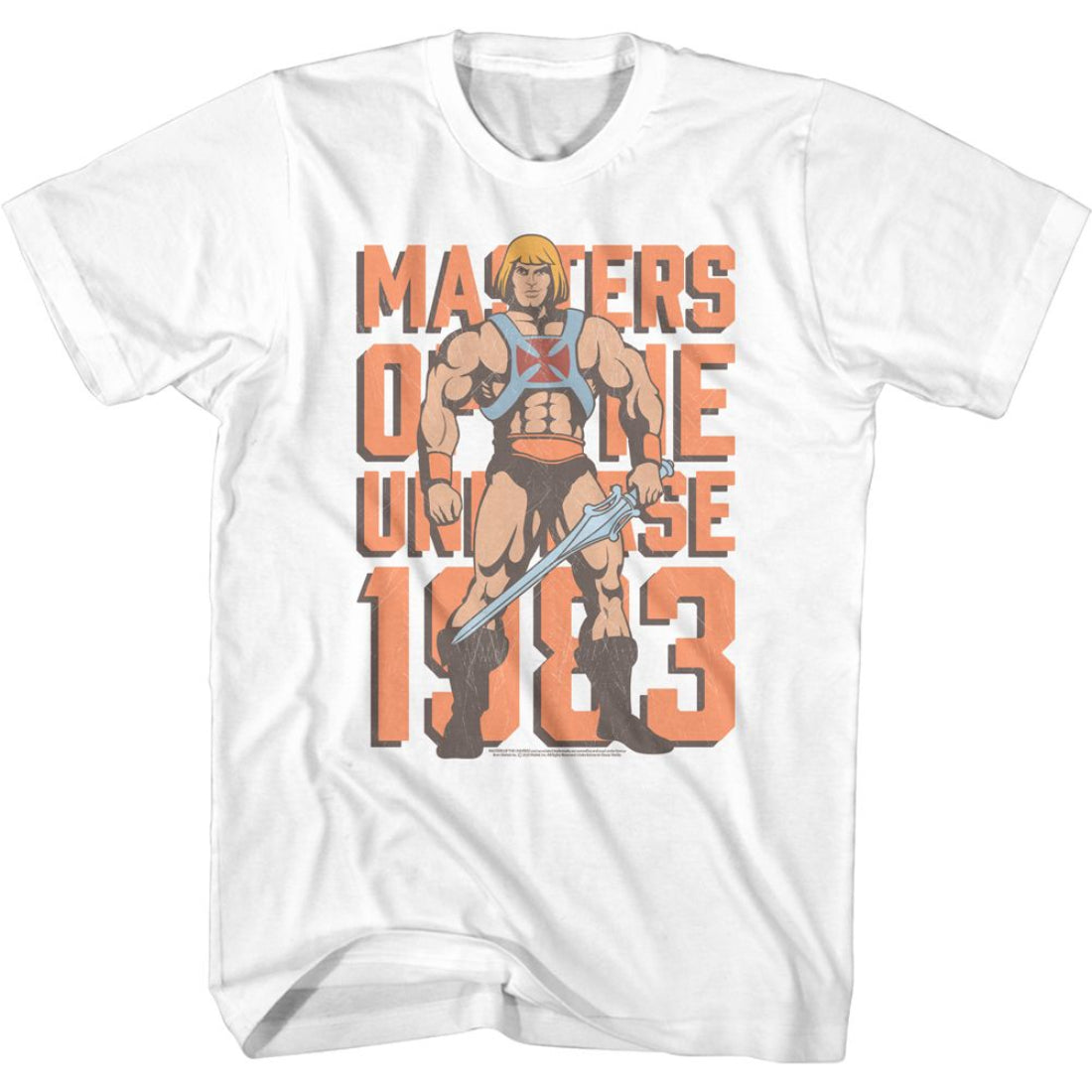 White t-shirt with 'Masters of the Universe' graphic design featuring a character holding a sword.