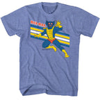 Blue t-shirt with a graphic of Mer-Man from Aquaman on a white background