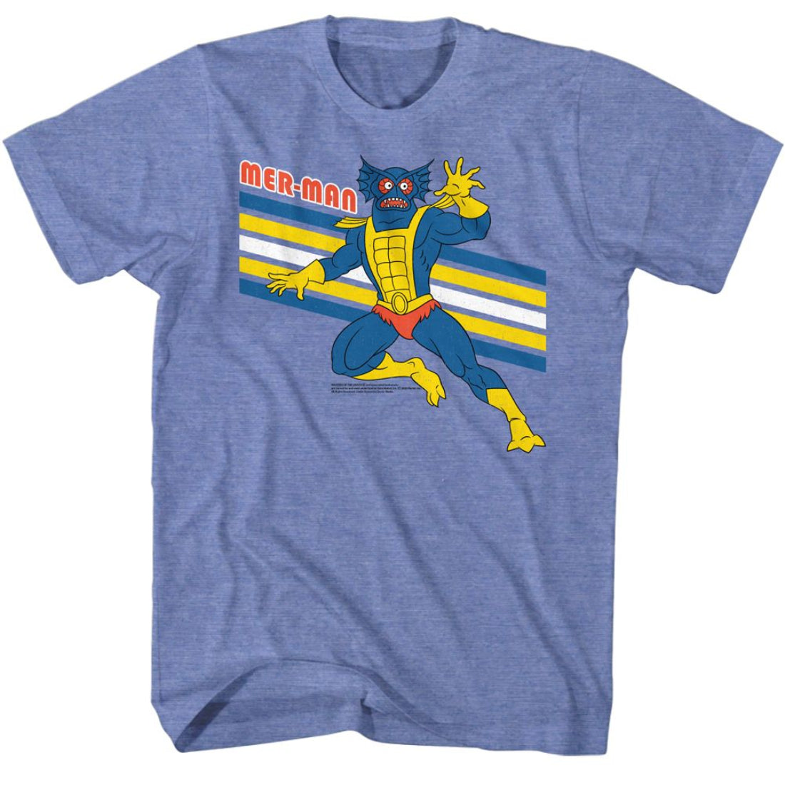 Blue t-shirt with a graphic of Mer-Man from Aquaman on a white background