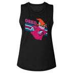 Black womens tank top with a colorful graphic of Orko from He-Man and the Masters of the Universe on a white background.