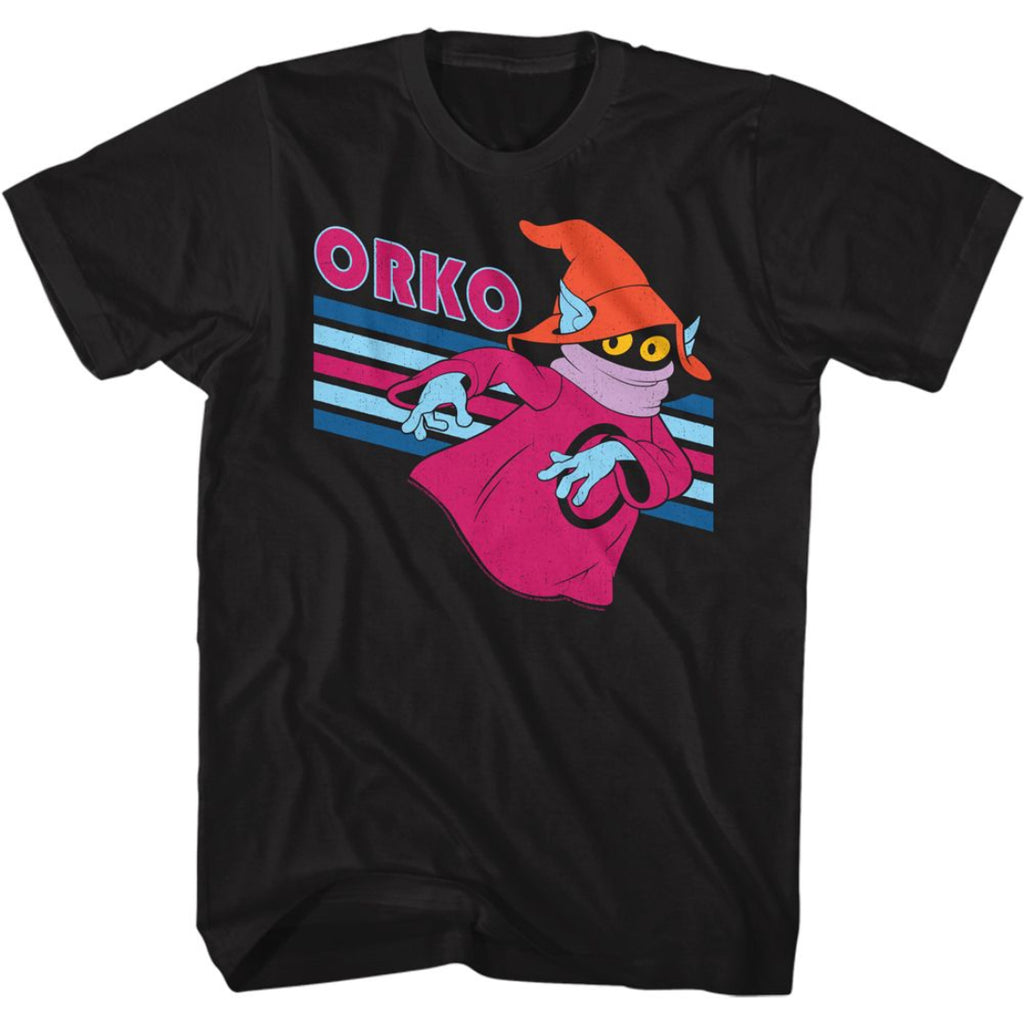 Black t-shirt with a colorful graphic of a character named Orko on a white background