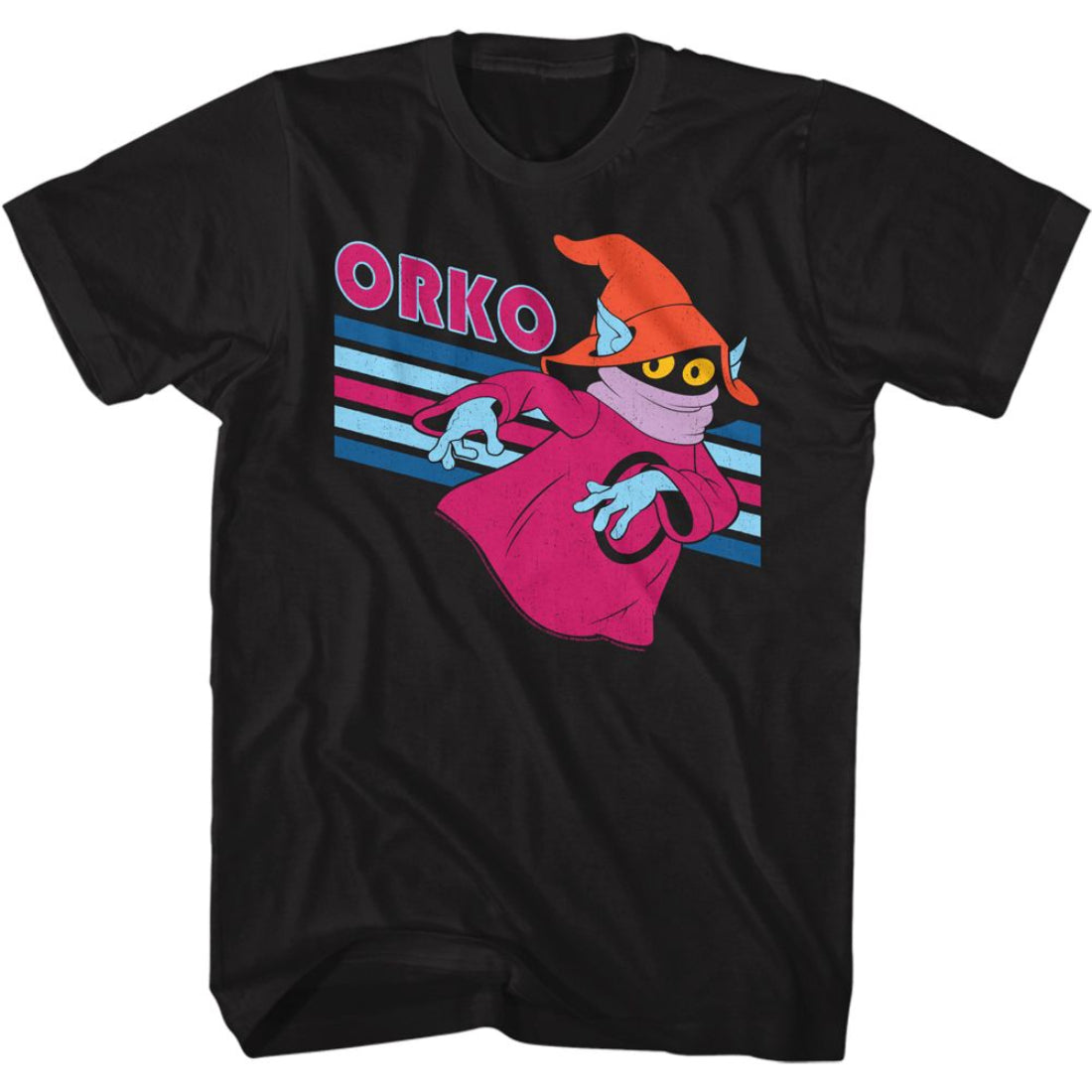 Black t-shirt with a colorful graphic of a character named Orko on a white background