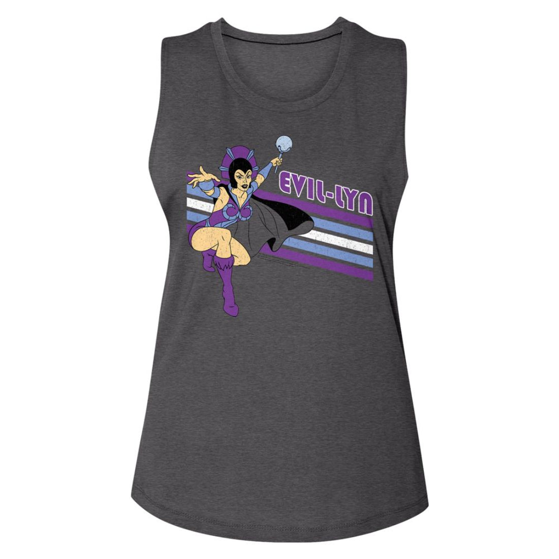 Dark gray masters of the universe tank top with 'Evil-Lyn' graphic design on a white background