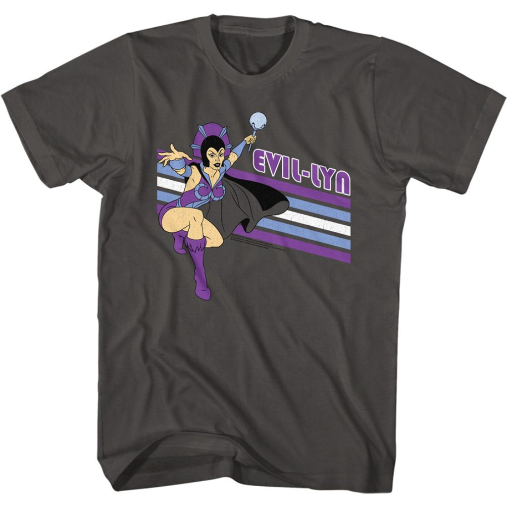 grey masters of the universe t-shirt with 'Evil-Lyn' graphic design on a white background