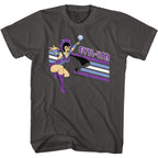 grey masters of the universe t-shirt with 'Evil-Lyn' graphic design on a white background