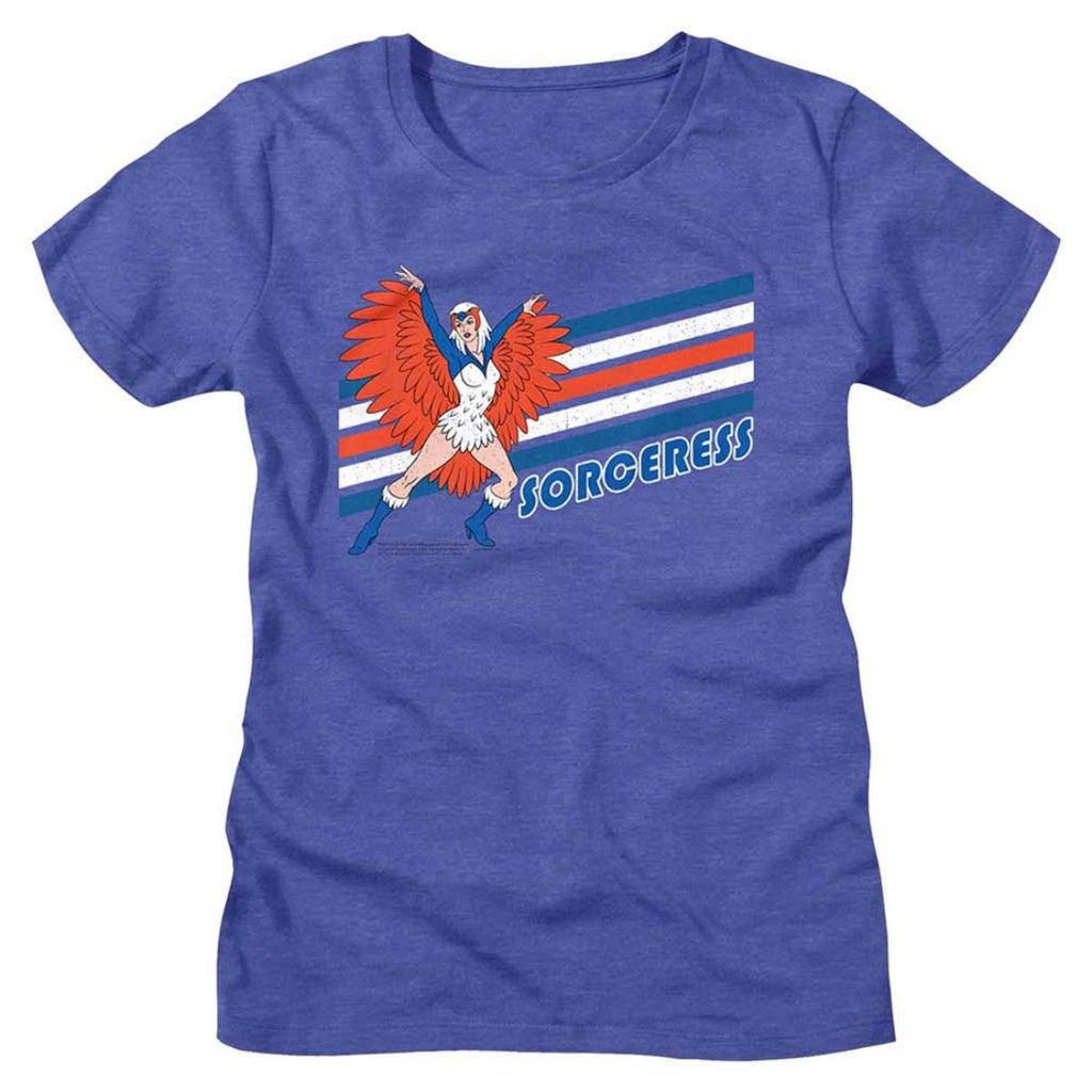 Blue masters of the universe womens t-shirt with a graphic design of a sorceress and the word 'Sorceress' on a white background